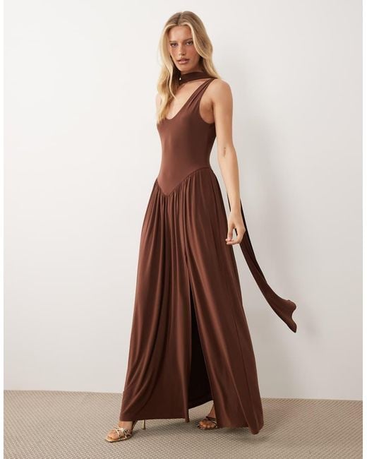ASOS Brown Slinky Maxi Dress With Scarf Detail