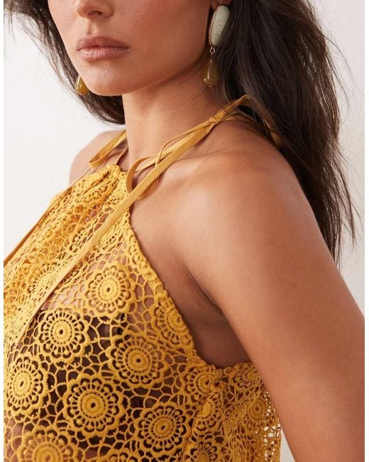 Noughts & Kisses Yellow Crochet Halterneck Scarf Top
