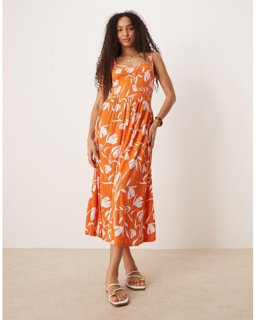 ASOS Orange Crinkle Sweetheart Neck Midi Dress