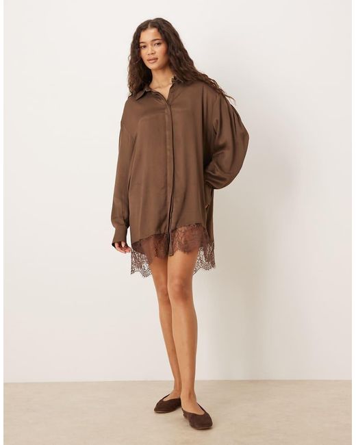 ASOS Brown Satin Shirt Mini Dress With High Low Curved Hem