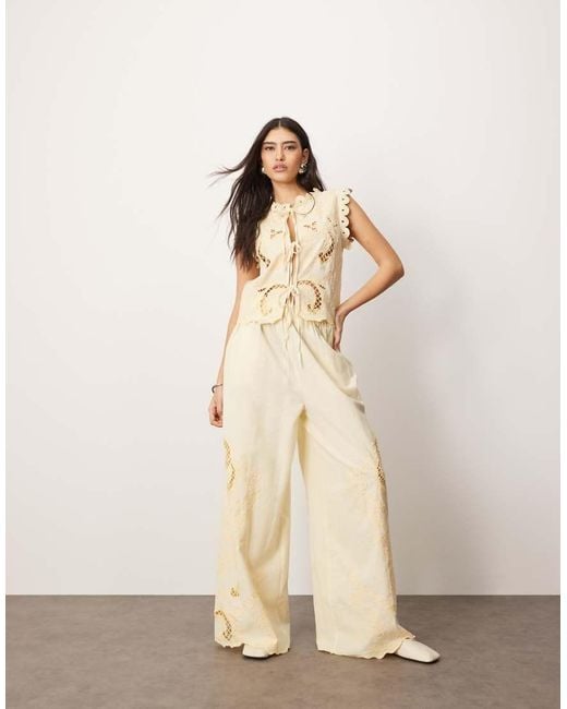 ARRANGE Natural Cotton Embroidered Cutwork Straight Leg Trouser