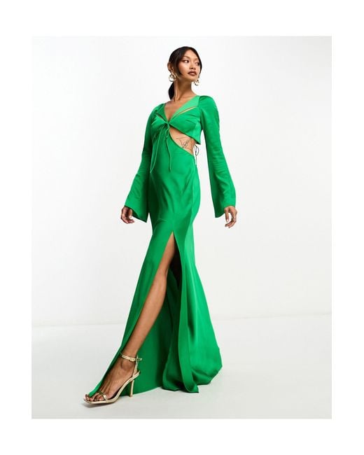 ASOS Green Satin Flare Sleeve Cut Out Maxi Dress