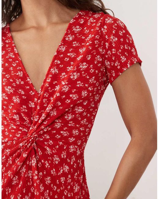 Mango Red Twist Front V Neck Midi Dress