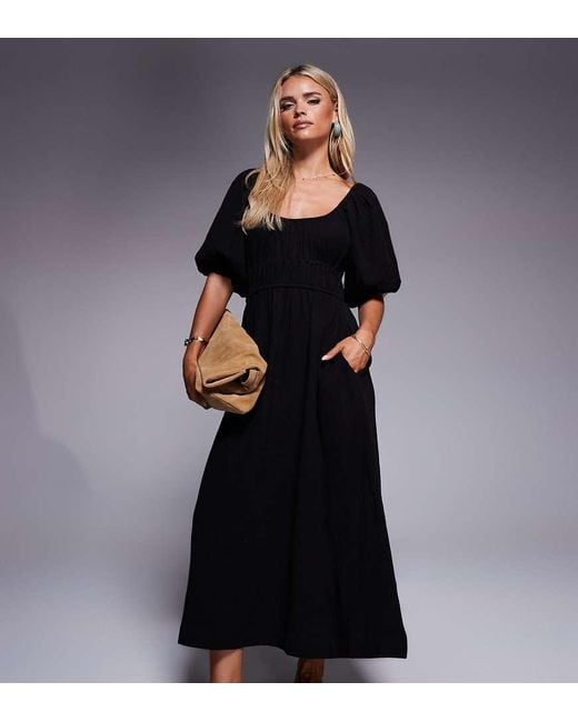 Vestido Midi Con Mangas Abullonadas De Tejido Efecto Lino De River Island de color Black