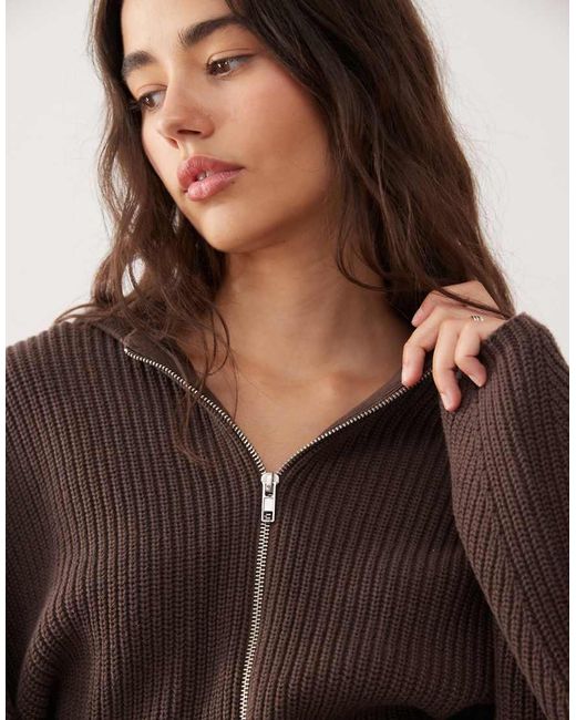 Monki Brown Exclusive To Asos Knitted Hooded Jumper Double Zip And Cinched Waist Detail