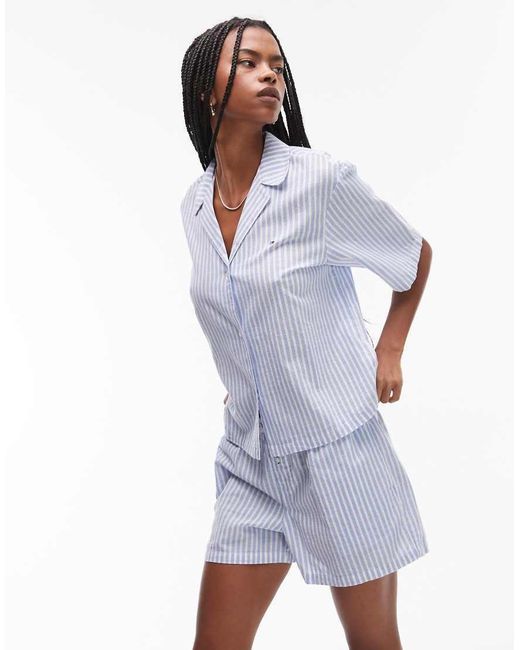 Tommy Hilfiger Gestreepte Pyjamaset Van Linnenmix Met Overhemd Met Korte Mouwen En Short in het Blue