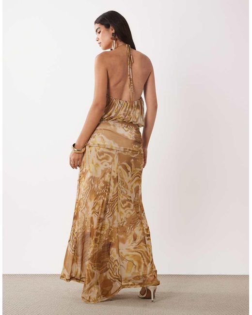 ASOS Natural Printed Mesh Maxi Dress With Crossover Beaded Halter Detail