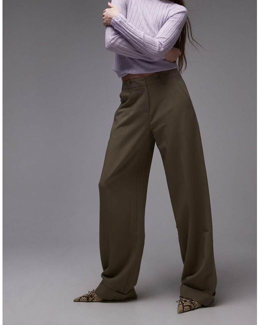 Pantalones Marrón Grisáceo De Pernera Recta De Sarga De TOPSHOP de color Gray