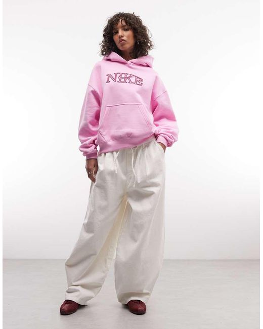Nike Pink Studio Fleece Mid-Weight Varsity Graphic Oversized Hoodie