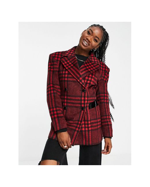 Miss Selfridge Red Check Blazer Jacket With Extreme Shoulders