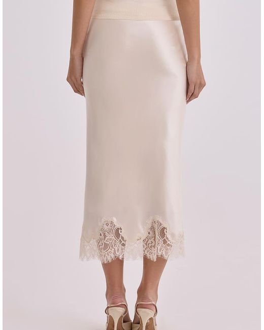 House Of Cb Pink Ciara Vintage Ivory Satin + Lace Midi Skirt