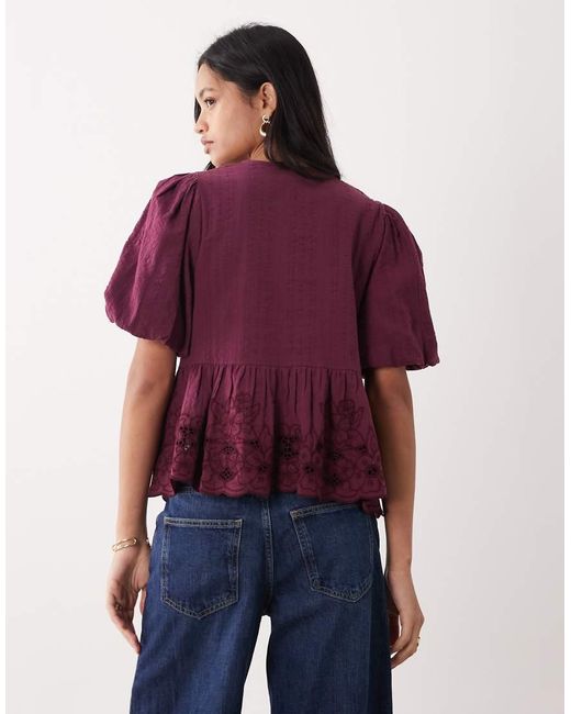 Nobody's Child Aries Puff Sleeve Bow Detail Embroidered Blouse