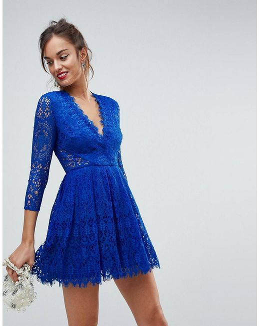 ASOS Blue Asos Long Sleeve Lace Mini Prom Dress