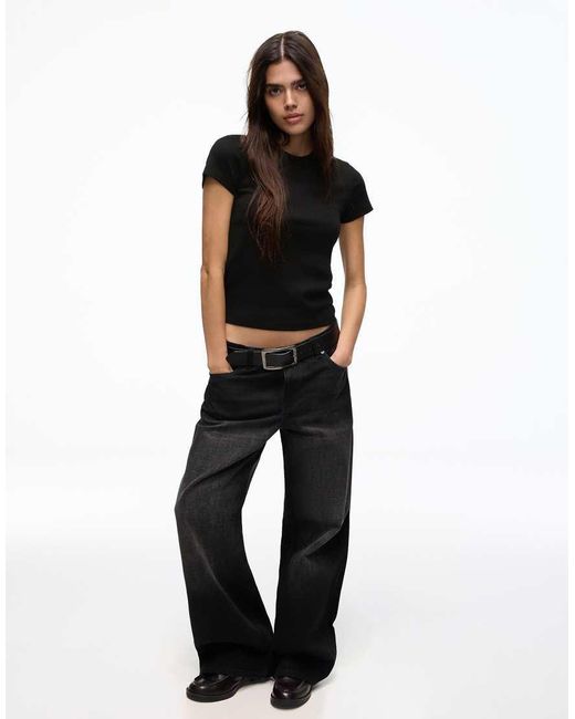 Bershka Black Basic Rib Short Sleeve T-shirt