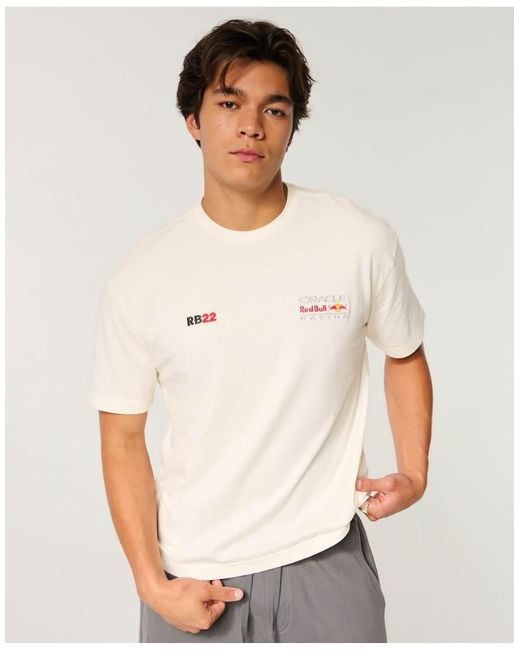 Hollister White Boxy Oracle Bull Racing Graphic Tee for men