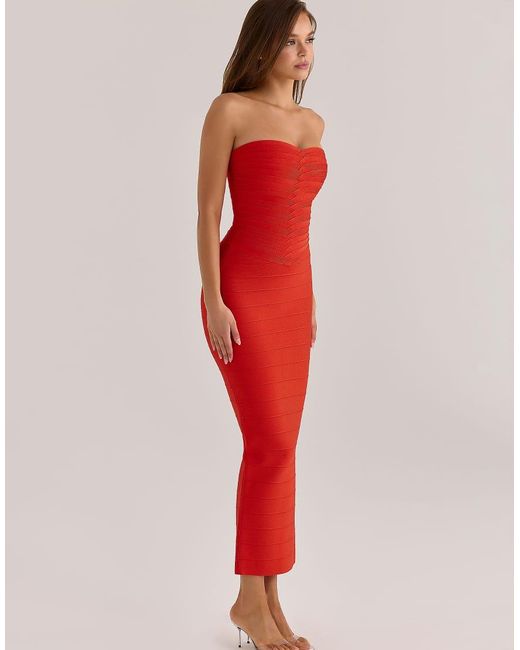 House Of Cb Red The Sweetheart Saffron Strapless V Waist Bandage Maxi Dress