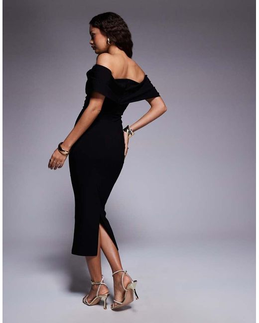 Vesper Petite Black Bengaline Bardot Drape Sleeve Detail Midaxi Dress