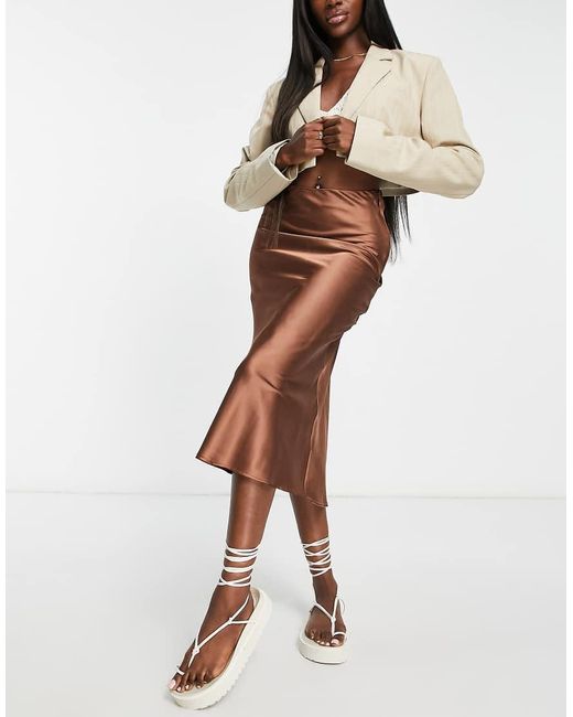 Monki Brown Satin Midi Skirt