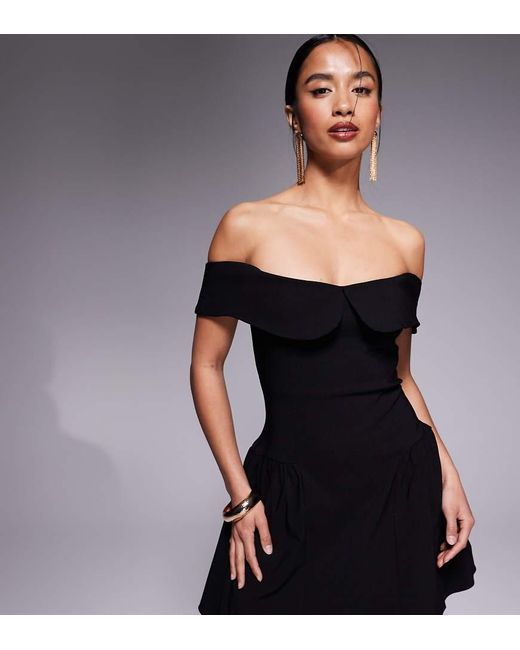 Vestido Corto De Corte Skater Con Escote Bardot Plegado De Bengalina De Vesper Petite de color Black