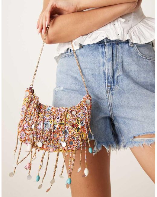Borsa Da Spalla Con Perline Piccole E Specchietti di ASOS in Blue