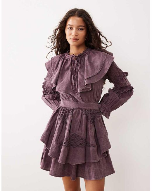ASOS Purple Mini Dress With Cinched Waist Ruffle Detail And Lace Inserts