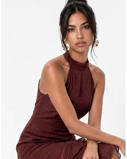 ANAYA Red Halter Neck Waterfall Ruffle Maxi Dress