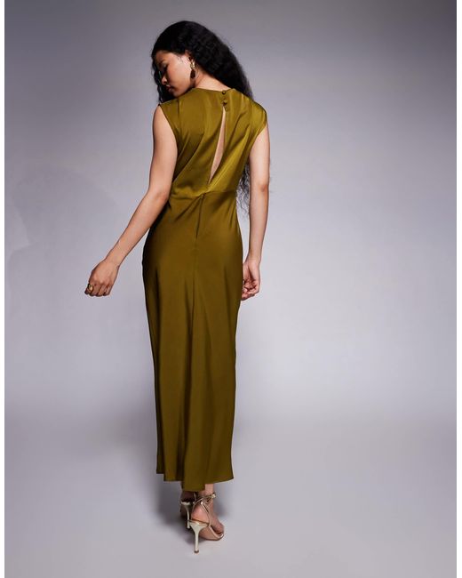 ASOS Green Asos Design Petite Satin High Neck Pleated Bodice Midi Dress