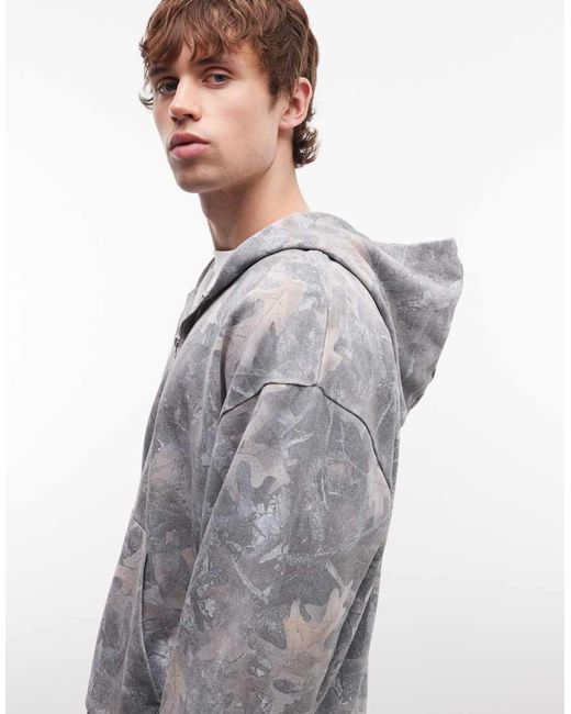 ASOS Gray Co-Ord Oversized Boxy Washed Camo Zip Through Hoodie for men