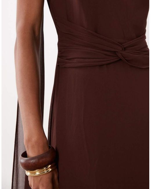 TFNC London Brown Bridesmaid Chiffon One Shoulder Twist Waist Draped Maxi Dress