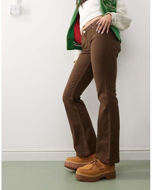 Monki Brown Low Rise Flare Trousers With Heart Details