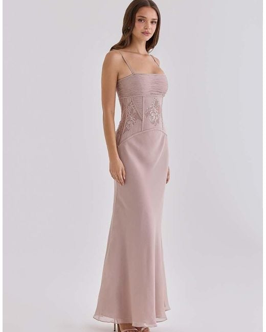 House Of Cb Purple Catalina Georgette Lace Panelled Maxi Dress