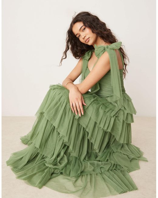 LACE & BEADS Bow Shoulder Tiered Tulle Maxi Dress in Green | Lyst