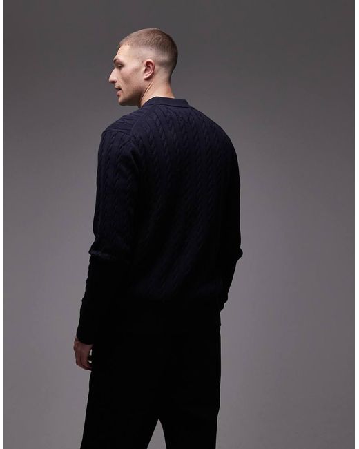 Tommy Hilfiger Blue Cable Knit Long Sleeve Polo Shirt for men