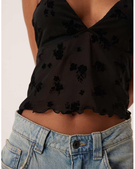ASOS Black Flocked Mesh Plunge Frill Halter Top