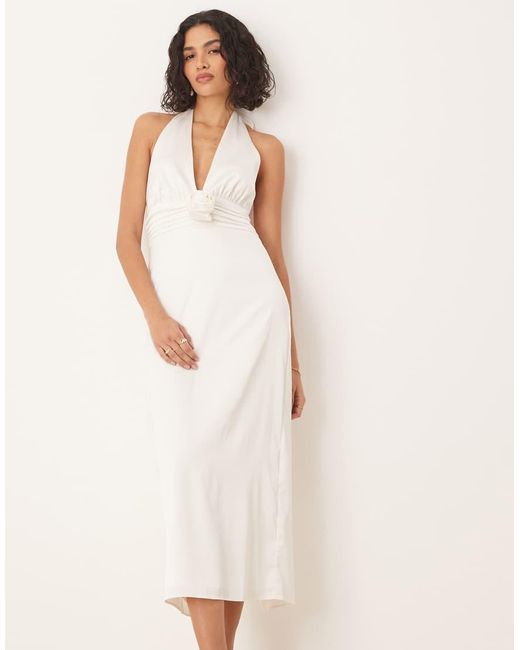 Abercrombie & Fitch White Bridal Plunge Rosette Column Halter Maxi Dress