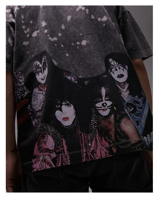 T-shirt super oversize slavato con stampa della band "kiss" di Topman in Gray da Uomo