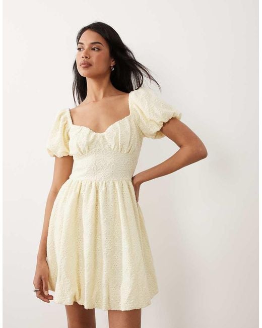 Gina Tricot Natural Puff Short Sleeve Flower Embroidered Mini Dress