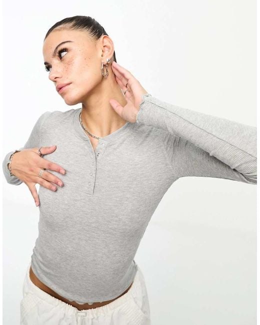 Cotton On Gray Sleep Recovery Henley Button Front Long Sleeve Top