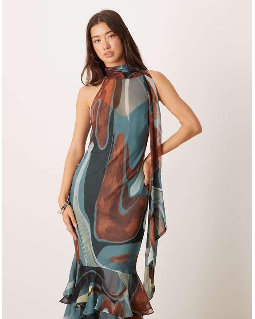ASOS White Chiffon Halter Neck Maxi Dress With Scarf Detail