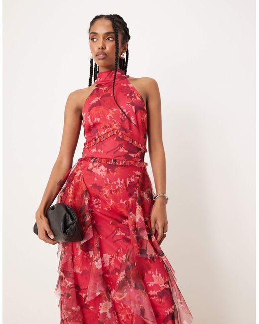 LACE & BEADS Red Halterneck Ruffle Midaxi Dress