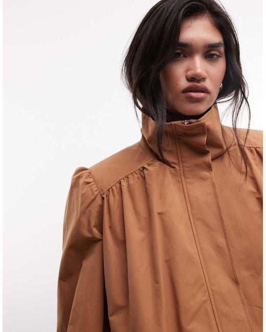 Monki Natural Balloon Sleeve High Neck Trench Coat