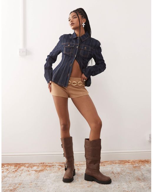 Lioness Brown Sun Drenched Faux Suede Low Waisted Micro Shorts