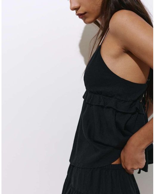 Pull&Bear Black Linen Blend Ruffled Top