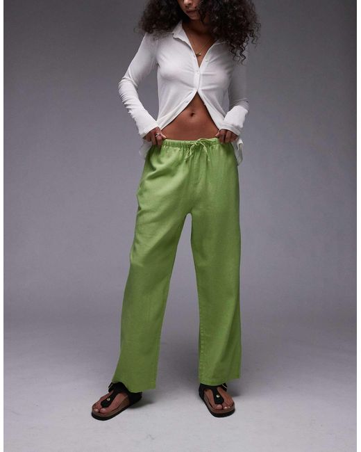 TOPSHOP Green Mid Rise Linen Awkward Length Trouser