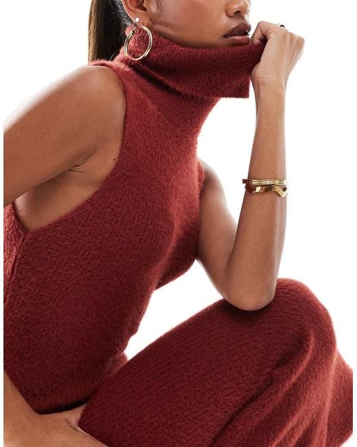 Vestido Largo Color Óxido Estilo Jersey Sin Mangas Con Cuello Vuelto De Punto De -Rojo Aria Cove de color Red