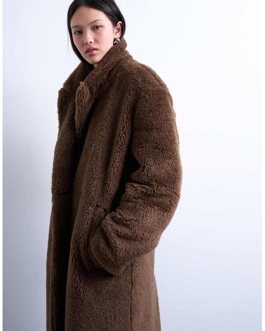 TOPSHOP Brown Double Breasted Borg Longline Coat
