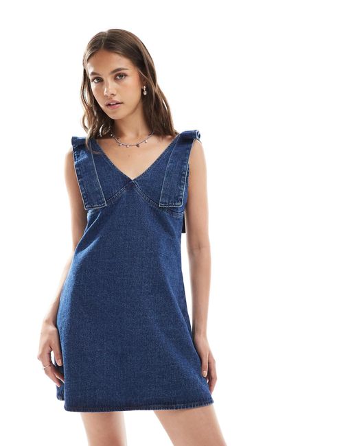 ASOS Women's Blue Plunge Neck Denim Mini Dress With Bow Shoulders -  www.disolcolor.com