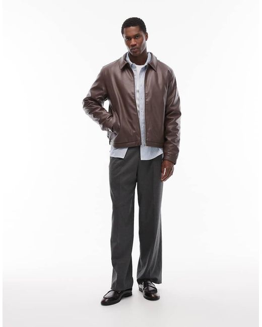 ASOS Brown Faux Leather Harrington Jacket for men