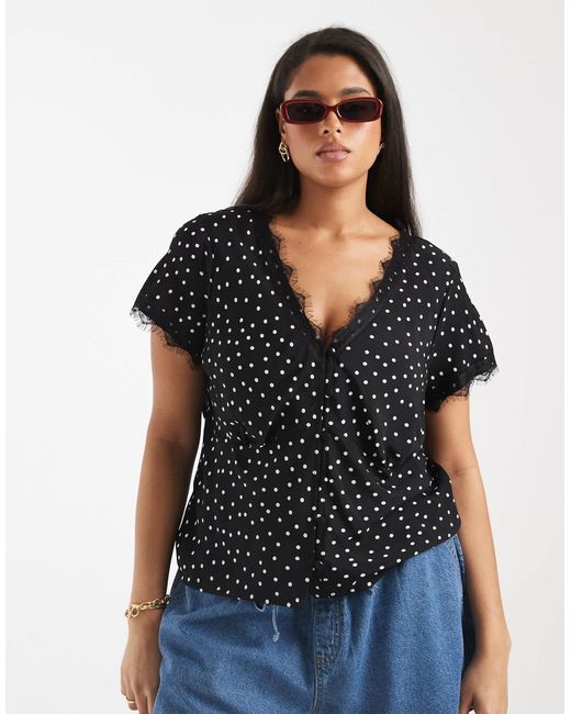 ASOS Asos Design Curve Lace Trim Tea Blouse in Black | Lyst