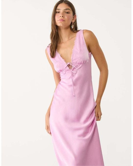 Stradivarius Pink Satin And Lace Midi Dress